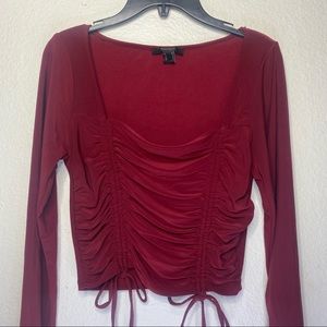 FOREVER 21 BURGUNDY VELVET LONG SLEEVE RUCHED DETAIL TOP